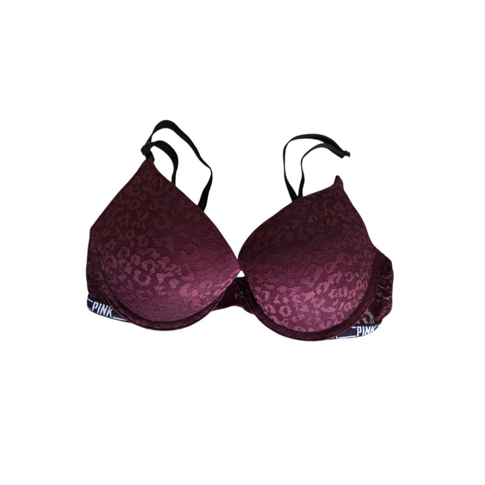 Victoria's Secret PINK Wear Everywhere Lace Push-Up Bra 32D Maroon Cheetah New